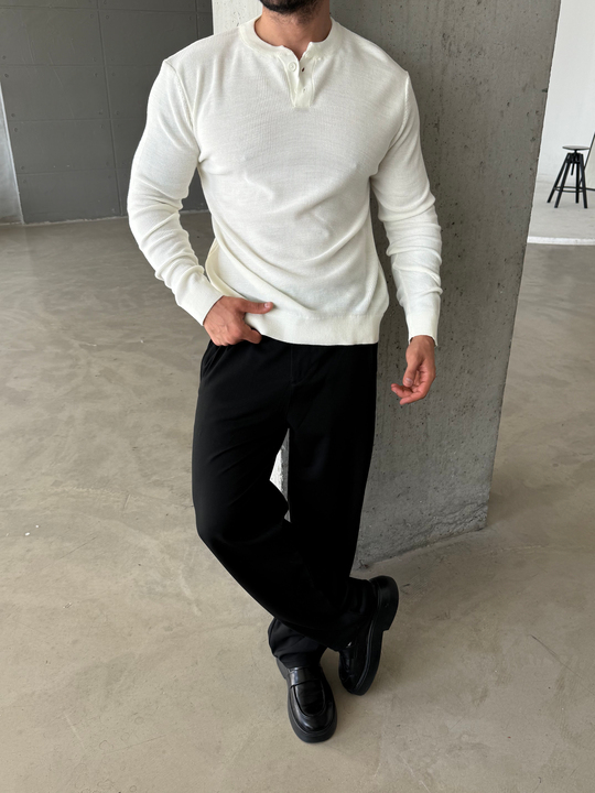 Ekru Henley Yaka Örgü Relax Fit Triko SNZ
