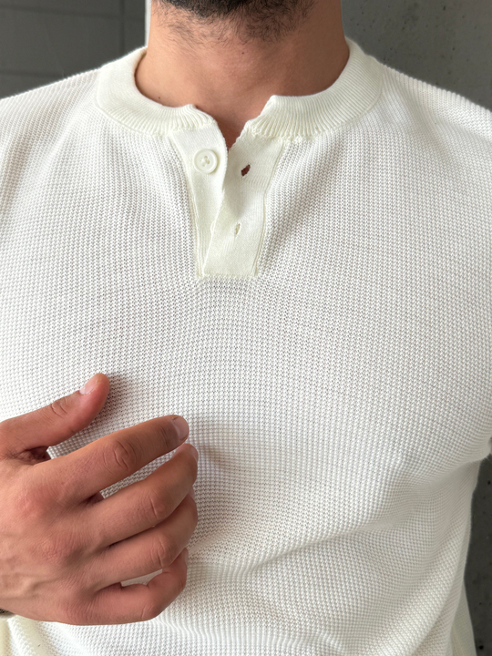 Ekru Henley Yaka Örgü Relax Fit Triko SNZ
