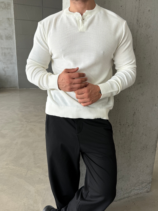 Ekru Henley Yaka Örgü Relax Fit Triko SNZ