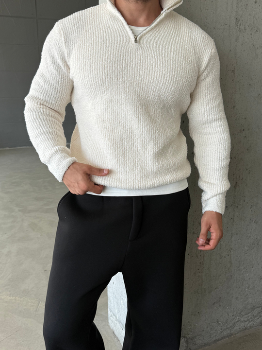 Ekru Yarım Zip Şardonlu Pamuk Teddy Boxy Fit Kazak AU