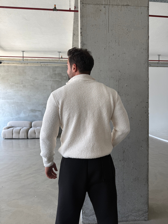 Ekru Yarım Zip Şardonlu Pamuk Teddy Boxy Fit Kazak AU