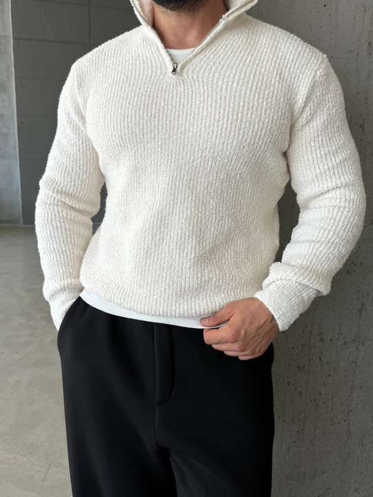 Ekru Yarım Zip Şardonlu Pamuk Teddy Boxy Fit Kazak AU
