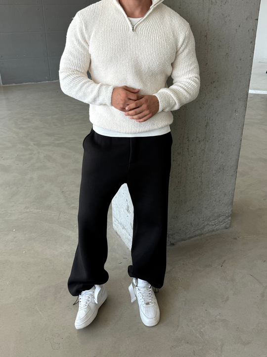 Ekru Yarım Zip Şardonlu Pamuk Teddy Boxy Fit Kazak AU