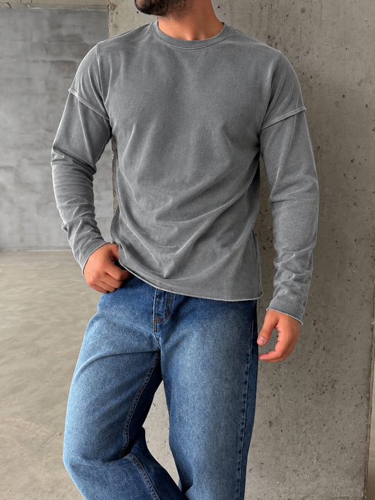 Füme Yıkamalı Bisiklet Yaka İki İplik Sweatshirt KN 5751