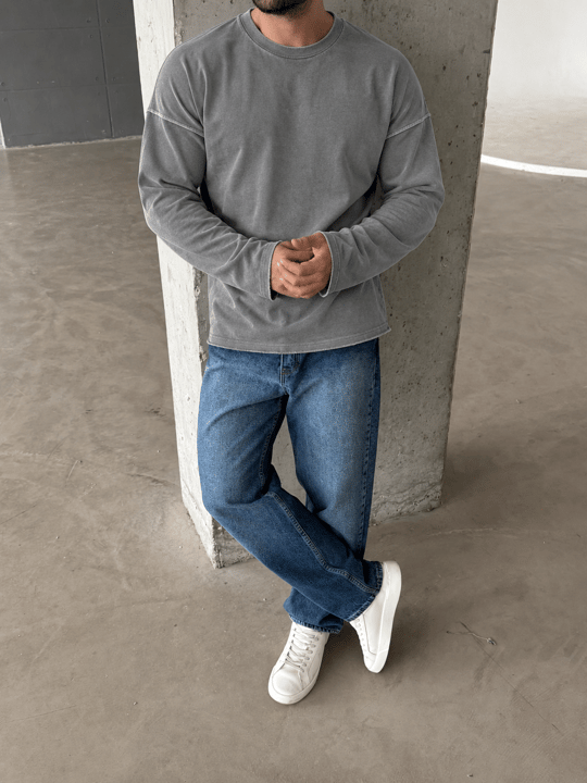 Füme Yıkamalı Bisiklet Yaka İki İplik Sweatshirt KN 5751