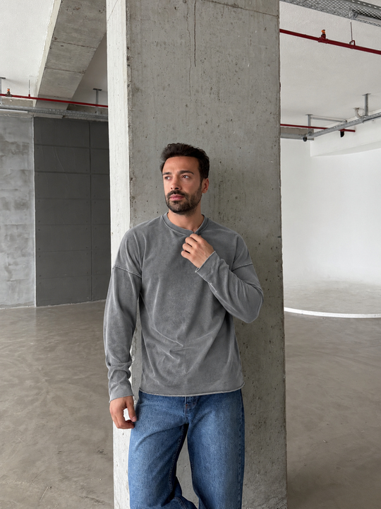 Füme Yıkamalı Bisiklet Yaka İki İplik Sweatshirt KN 5751