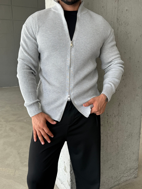 Gri Elegant Fit Çift Fermuarlı Hırka Triko AU