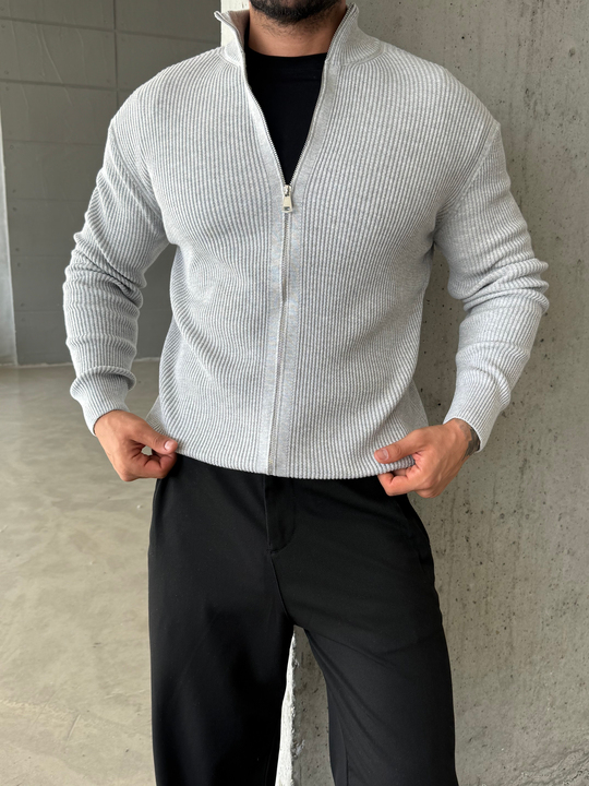 Gri Elegant Fit Çift Fermuarlı Hırka Triko AU