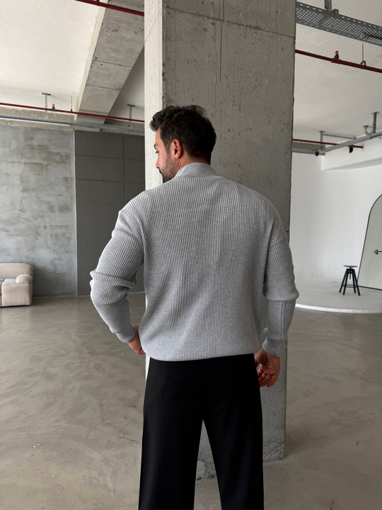 Gri Elegant Fit Çift Fermuarlı Hırka Triko AU