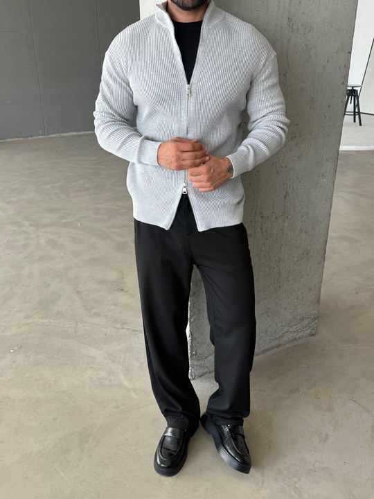 Gri Elegant Fit Çift Fermuarlı Hırka Triko AU