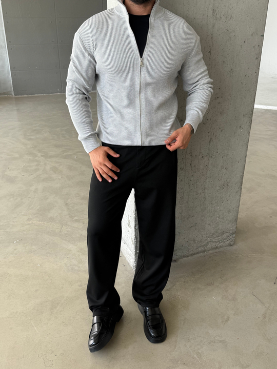 Gri Elegant Fit Çift Fermuarlı Hırka Triko AU