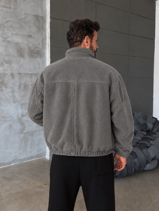 Gri Parçalı Tam Zip Boxy Polar