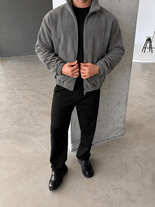 Gri Parçalı Tam Zip Boxy Polar
