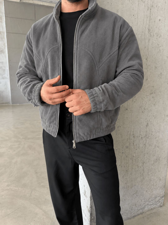Gri Parçalı Tam Zip Boxy Polar