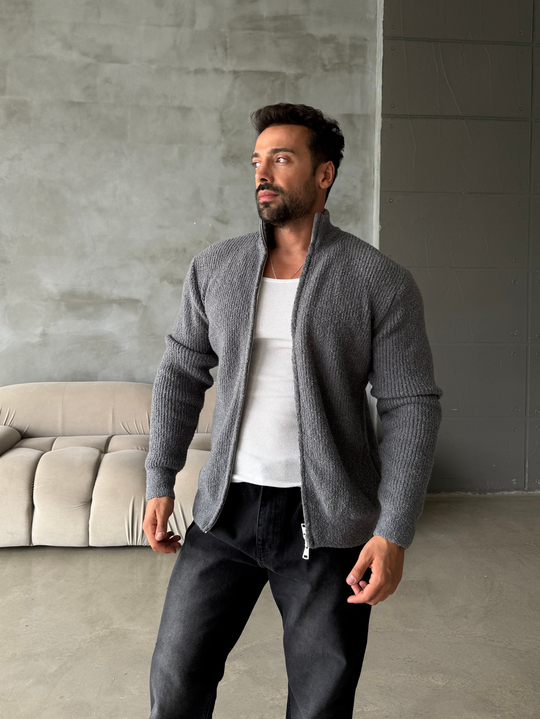 Gri Teddy Tam Zip Hırka AU