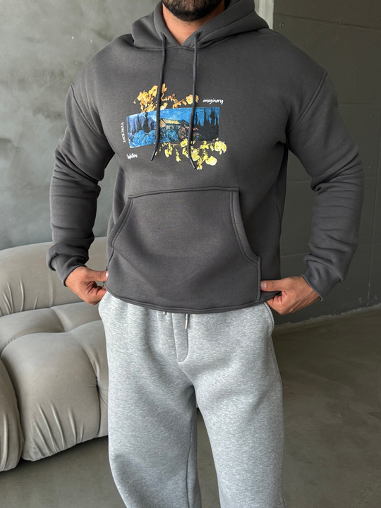 Gri Vincent Baskılı 3 İplik Hoodie Model 2