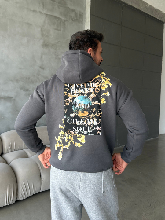 Gri Vincent Baskılı 3 İplik Hoodie Model 2