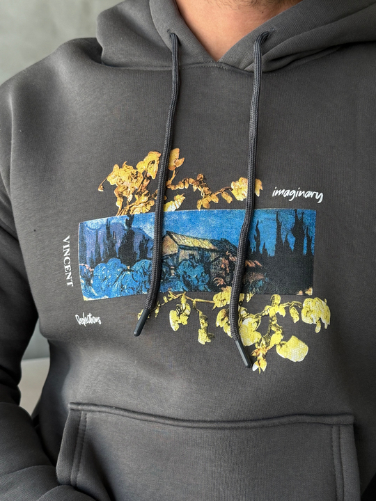 Gri Vincent Baskılı 3 İplik Hoodie Model 2