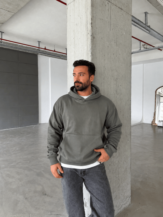 Haki 3 İplik Şardonsuz Kangru Cep Ribanalı Kapşonlu OTN 79029