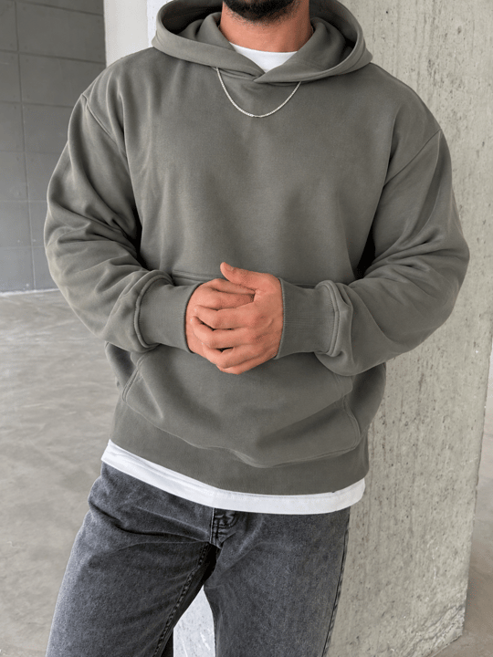 Haki 3 İplik Şardonsuz Kangru Cep Ribanalı Kapşonlu OTN 79029