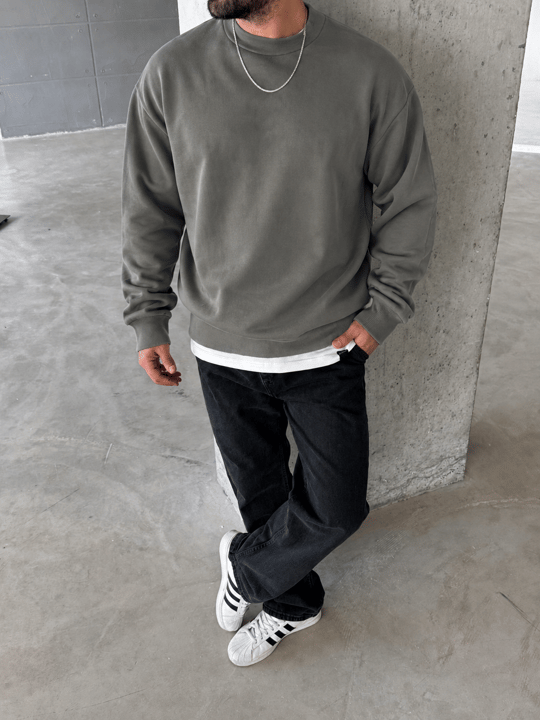 Haki 3 İplik Şardonsuz  Ribanalı Bisiklet Yaka Sweatshirt OTN 79030