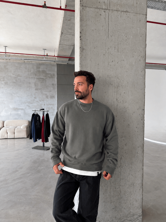Haki 3 İplik Şardonsuz  Ribanalı Bisiklet Yaka Sweatshirt OTN 79030
