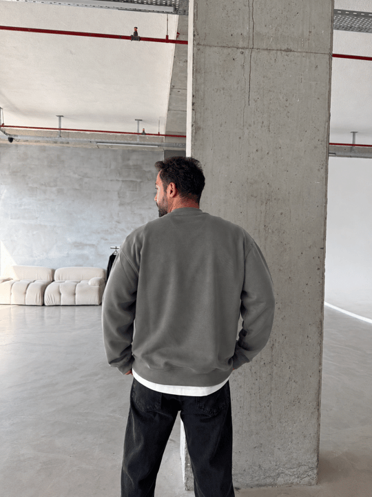 Haki 3 İplik Şardonsuz  Ribanalı Bisiklet Yaka Sweatshirt OTN 79030