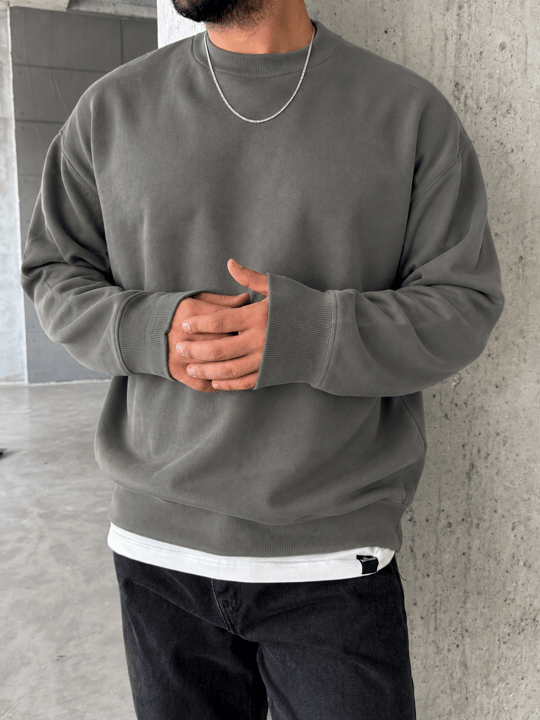 Haki 3 İplik Şardonsuz  Ribanalı Bisiklet Yaka Sweatshirt OTN 79030