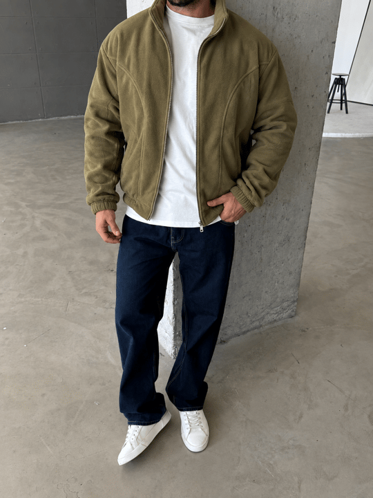 Haki Parçalı Tam Zip Boxy Polar