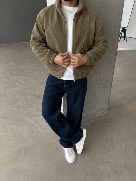 Haki Parçalı Tam Zip Boxy Polar