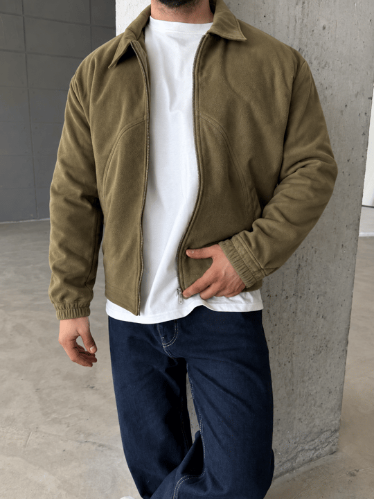 Haki Parçalı Tam Zip Boxy Polar