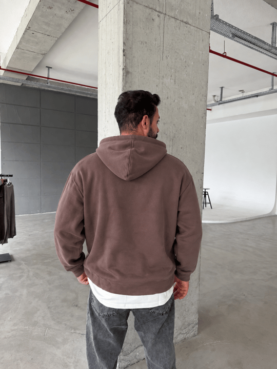 Kahve 3 İplik Şardonsuz Kangru Cep Ribanalı Kapşonlu OTN 79029
