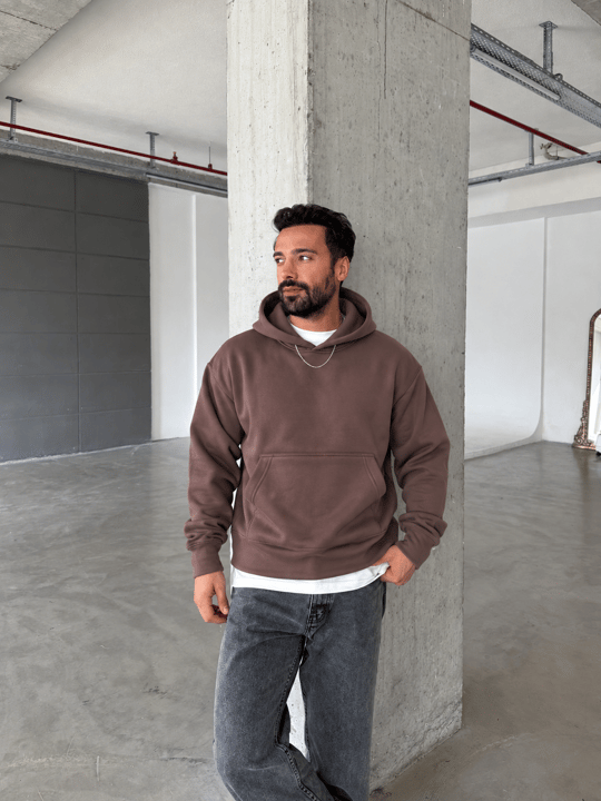 Kahve 3 İplik Şardonsuz Kangru Cep Ribanalı Kapşonlu OTN 79029
