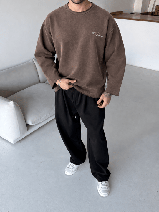 Kahve Champions Nakışlı Pis Kesim Boxy Sweatshirt BRR 80109