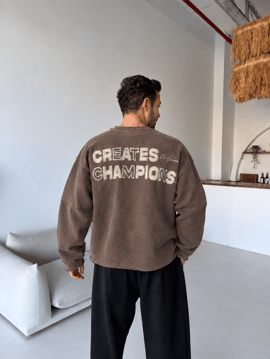 Kahve Champions Nakışlı Pis Kesim Boxy Sweatshirt BRR 80109