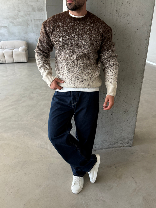 Kahve Effect Desen Geçişli Boxy Kazak AU