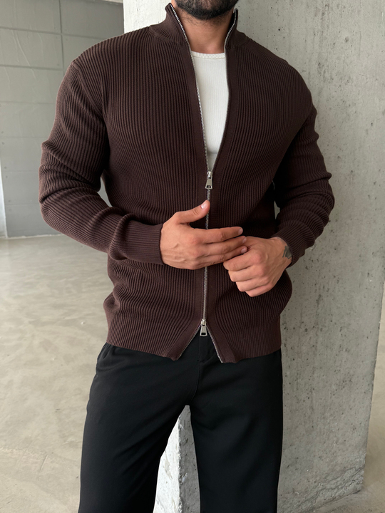 Kahve Elegant Fit Çift Fermuarlı Hırka Triko AU