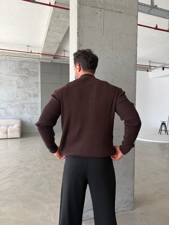 Kahve Elegant Fit Çift Fermuarlı Hırka Triko AU