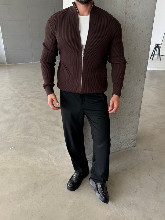 Kahve Elegant Fit Çift Fermuarlı Hırka Triko AU