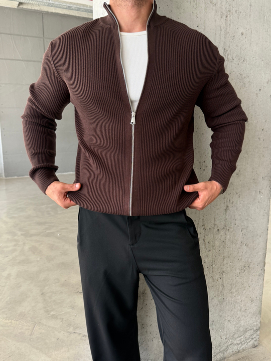 Kahve Elegant Fit Çift Fermuarlı Hırka Triko AU