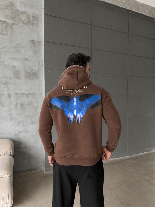 Kahve Kangru Kapşonlu Butterfly 3 İplik Hoodie Model 10