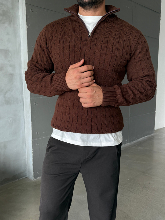 Kahve Saç Örgü Yarım Zip Triko TB
