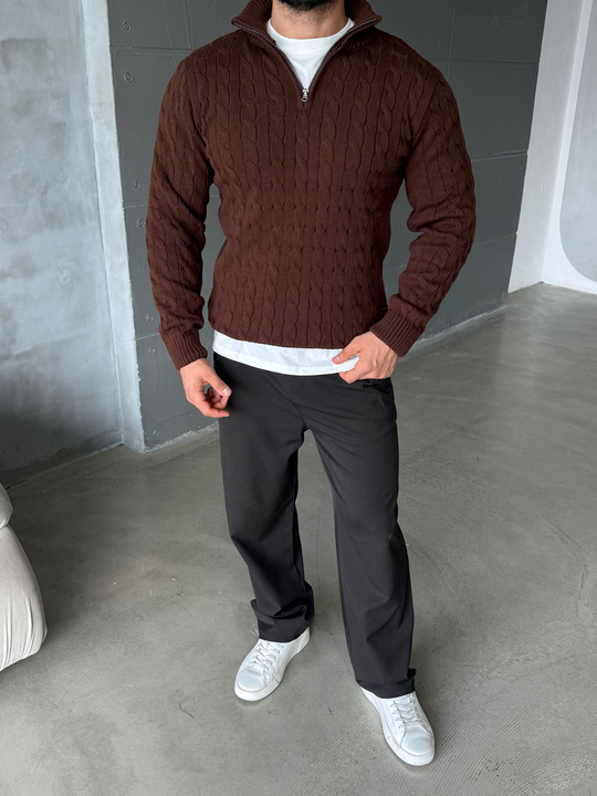Kahve Saç Örgü Yarım Zip Triko TB