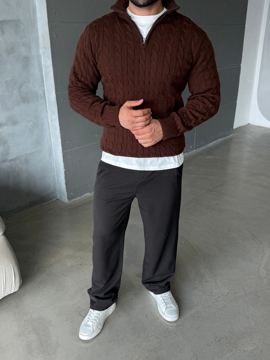 Kahve Saç Örgü Yarım Zip Triko TB
