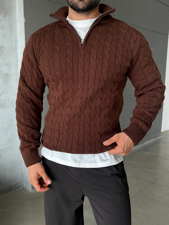 Kahve Saç Örgü Yarım Zip Triko TB