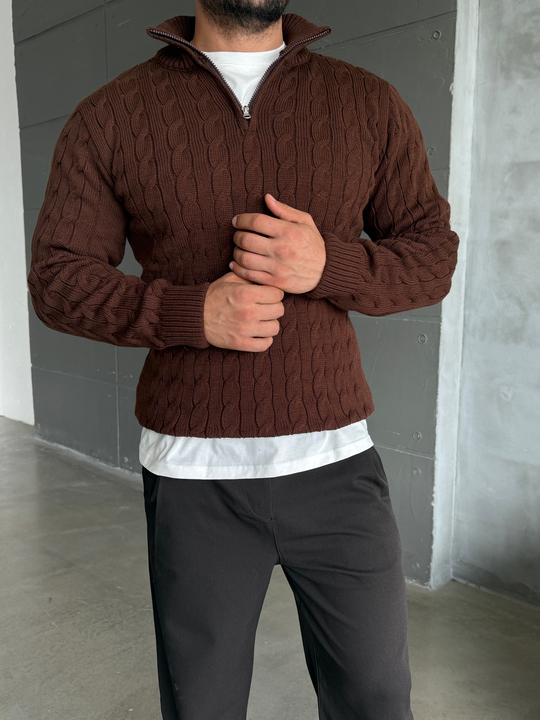 Kahve Saç Örgü Yarım Zip Triko TB