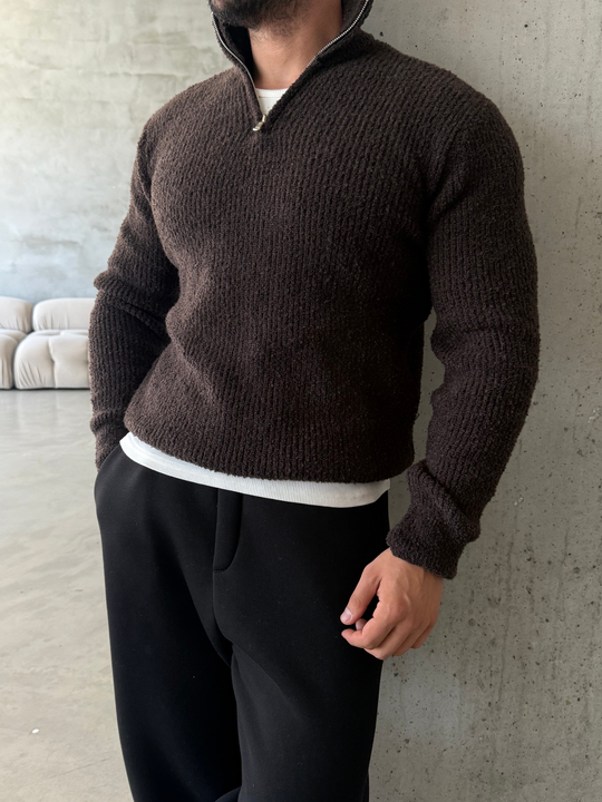Kahve Yarım Zip Şardonlu Pamuk Teddy Boxy Fit Kazak AU