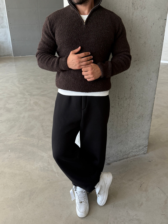 Kahve Yarım Zip Şardonlu Pamuk Teddy Boxy Fit Kazak AU