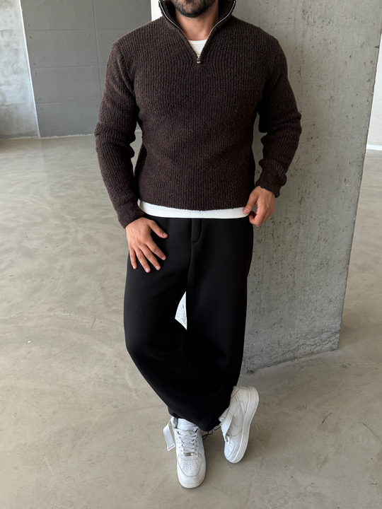 Kahve Yarım Zip Şardonlu Pamuk Teddy Boxy Fit Kazak AU