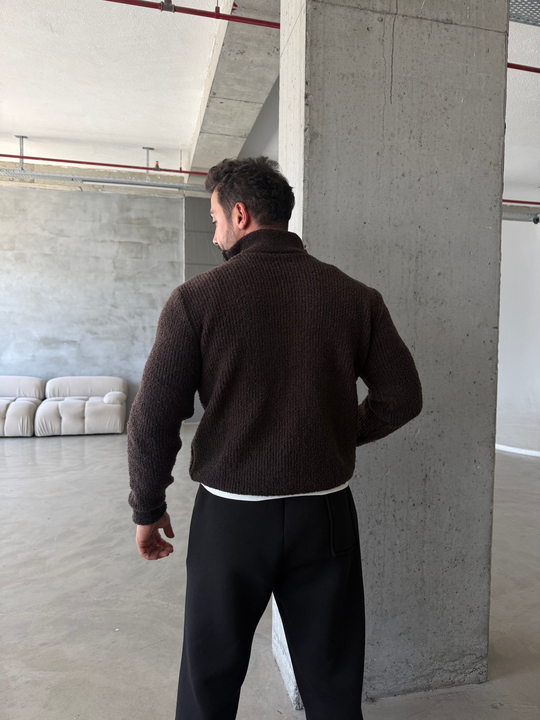Kahve Yarım Zip Şardonlu Pamuk Teddy Boxy Fit Kazak AU